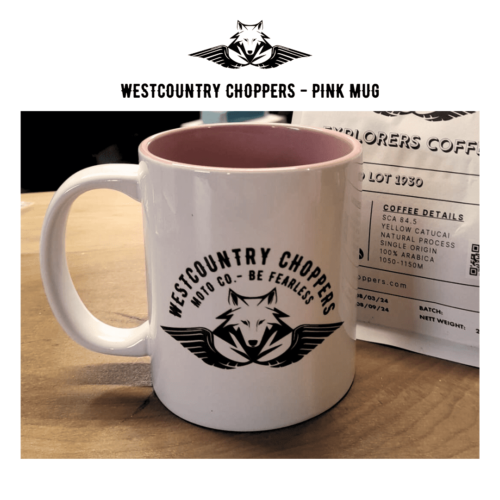 Introducing the Westcountry Choppers Mug, featuring a stylish white outer with logo detail and a pink inner.