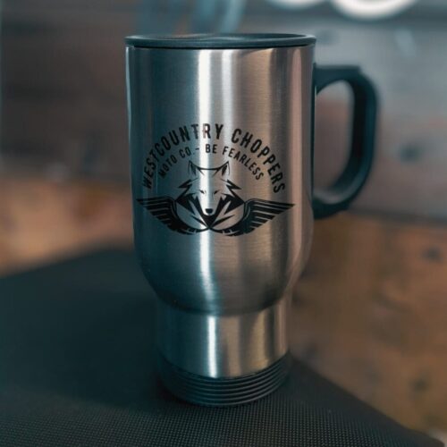 Westcountry Choppers: Brushed Aluminium Travel Mug with Etched Winged Wolf Logo