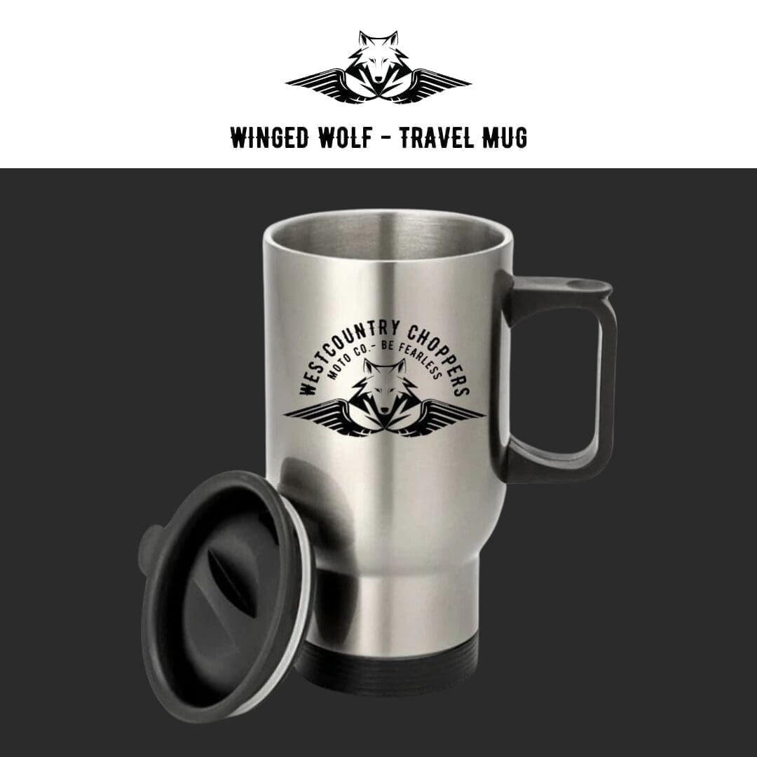 Westcountry Choppers: Brushed Aluminium Travel Mug with Etched Winged Wolf Logo