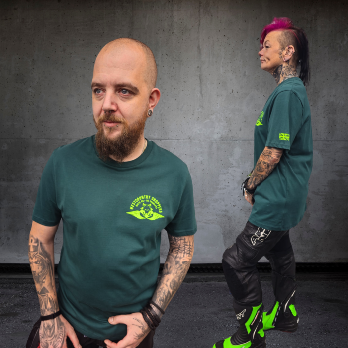 Westcountry Choppers Prestige Collection Unisex Biker T-shirt in Indigo Green. Crafted from premium materials, featuring our iconic logo.