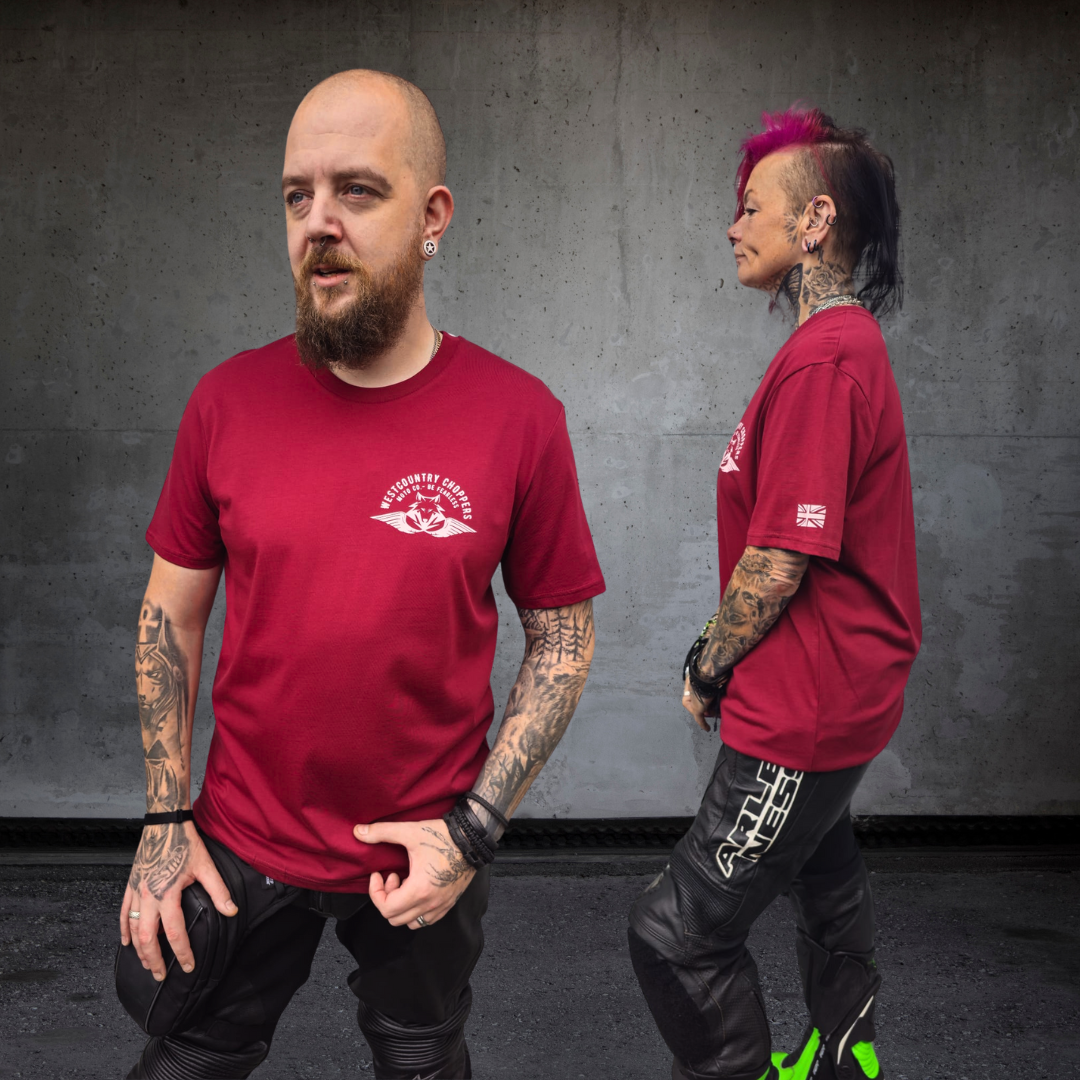 Elevate your biker style with the Westcountry Choppers Prestige Unisex Biker T-shirt in Red.