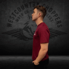 Moto Biker Tee Burgundy – side view print detail Westcountry Choppers