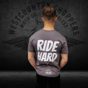 Westcountry Choppers Moto RIDE HARD Biker Tee in Grey – unisex biker t-shirt back print
