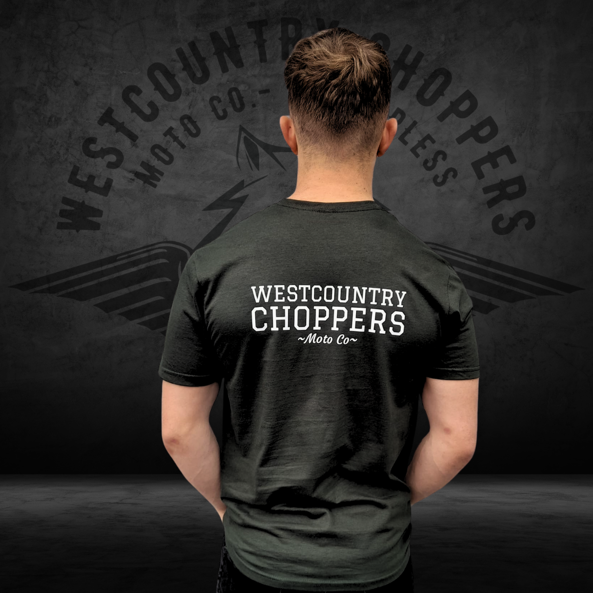 Moto Biker Tee Green – back print detail Westcountry Choppers