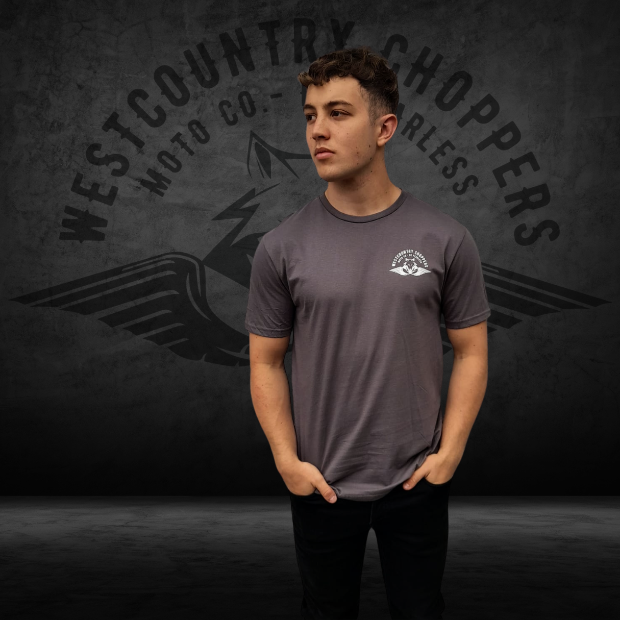 Ride Hard Tee Grey – Westcountry Choppers logo detail
